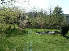 Blick vom Haus nach Sdwesten ber den Gartenteich, hinber zu den Obstbumen und dahinter der Gemsegarten mit traditionellen und umweltschonenden Zaun aus Ruten