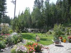 Noch ein Bild von dem schön angelegten Garten, aufgenommen von diesseits der Terrasse. Den Hintergrund bilden Bäume, die hier schon lange stehen, ein Hintergrund der nicht einfach angelegt werden kann, sondern der gewachsen sein muß und dann nur gefühlvoll einbezogen werden kann.
