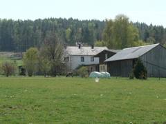 Links der Hhnerstall und von der Linde fast verdeckt das Garagen- und Werkstattgebude mit Holzlege.  Hinter dem Stall ist noch die Ostseite des Wirtschaftstraktes zu erkennen.